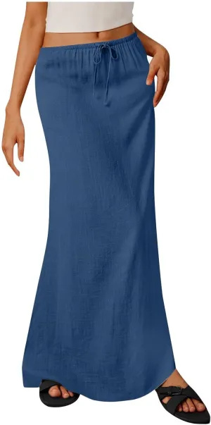 Long Skirts for Women Boho Vacation Flowy Maxi Skirt Lightweight Drawstring Low Rise Ankle Length Slim A Line Skirt