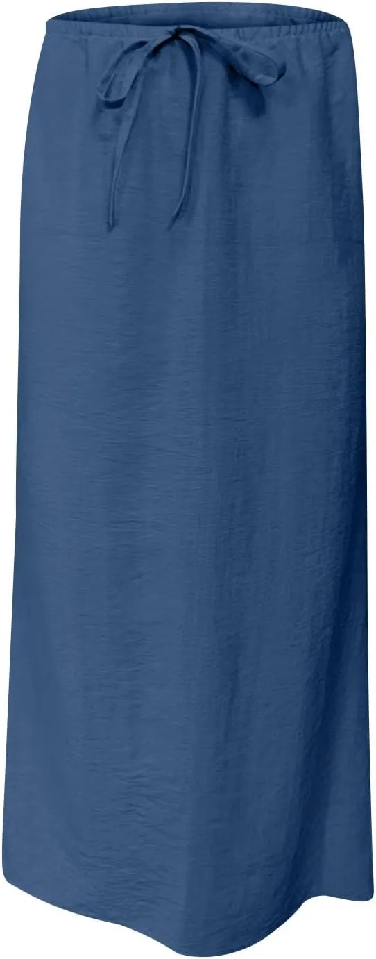 Long Skirts for Women Boho Vacation Flowy Maxi Skirt Lightweight Drawstring Low Rise Ankle Length Slim A Line Skirt