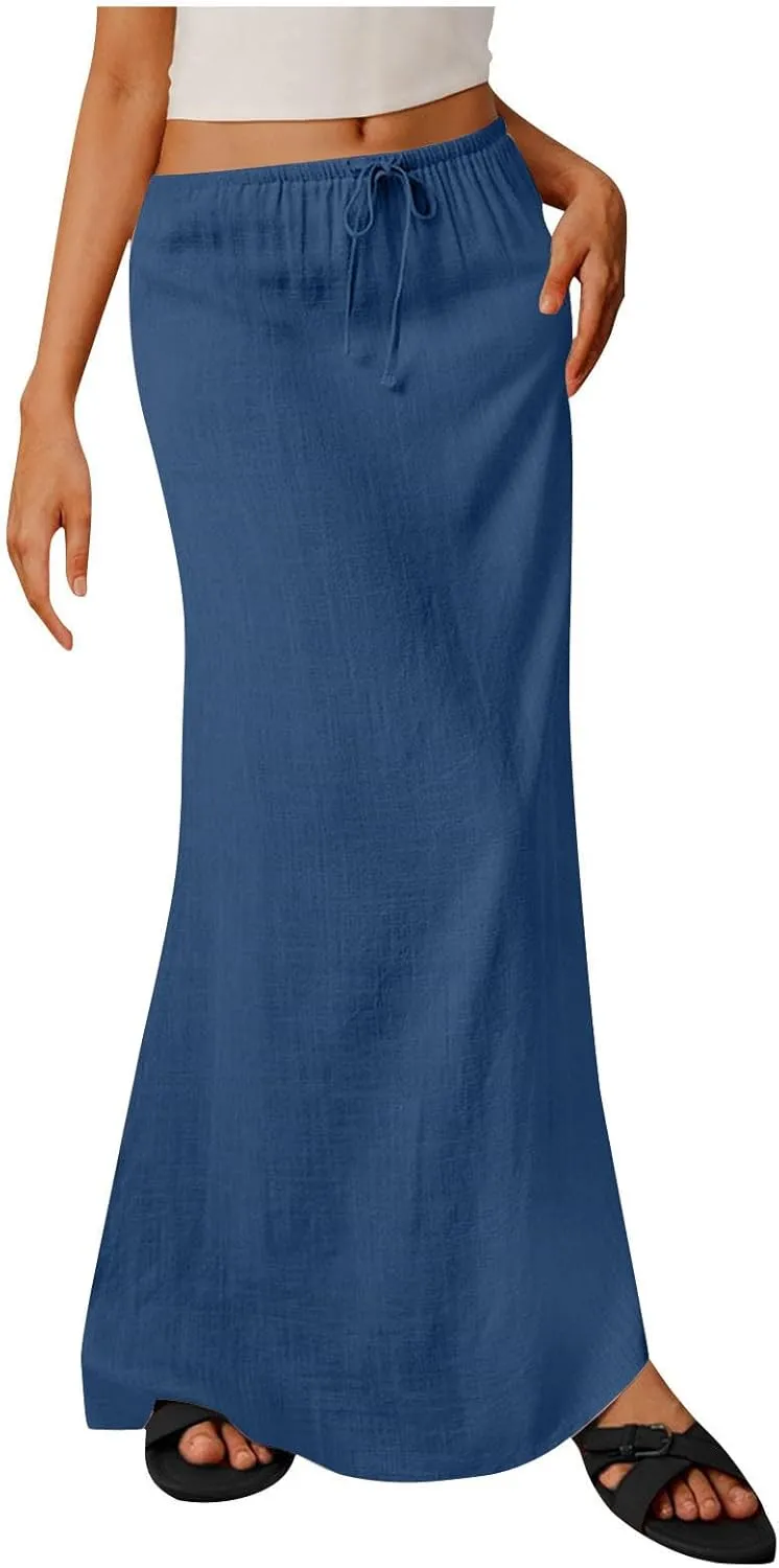 Long Skirts for Women Boho Vacation Flowy Maxi Skirt Lightweight Drawstring Low Rise Ankle Length Slim A Line Skirt