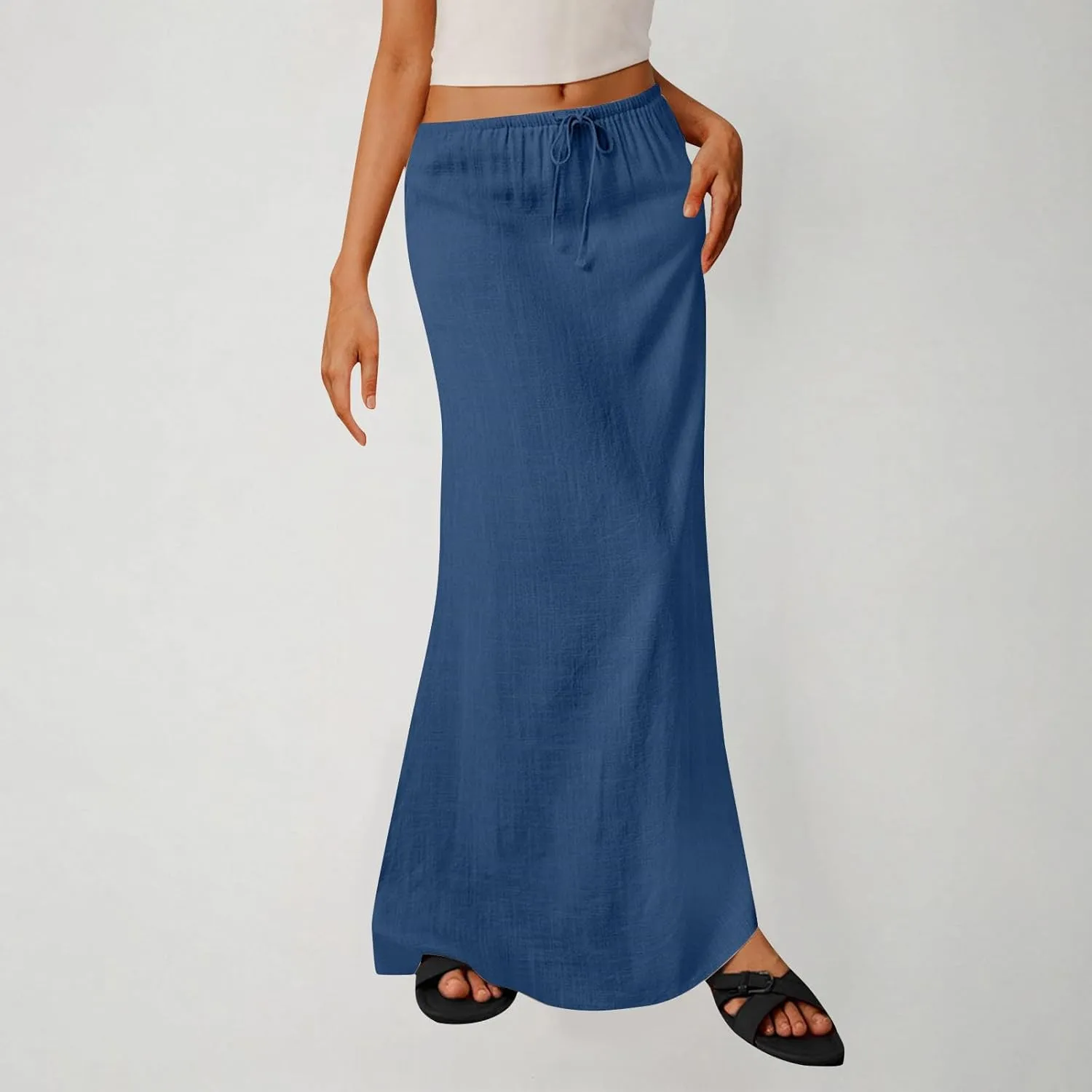 Long Skirts for Women Boho Vacation Flowy Maxi Skirt Lightweight Drawstring Low Rise Ankle Length Slim A Line Skirt