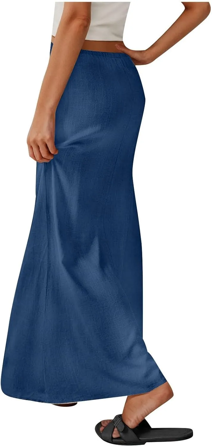 Long Skirts for Women Boho Vacation Flowy Maxi Skirt Lightweight Drawstring Low Rise Ankle Length Slim A Line Skirt
