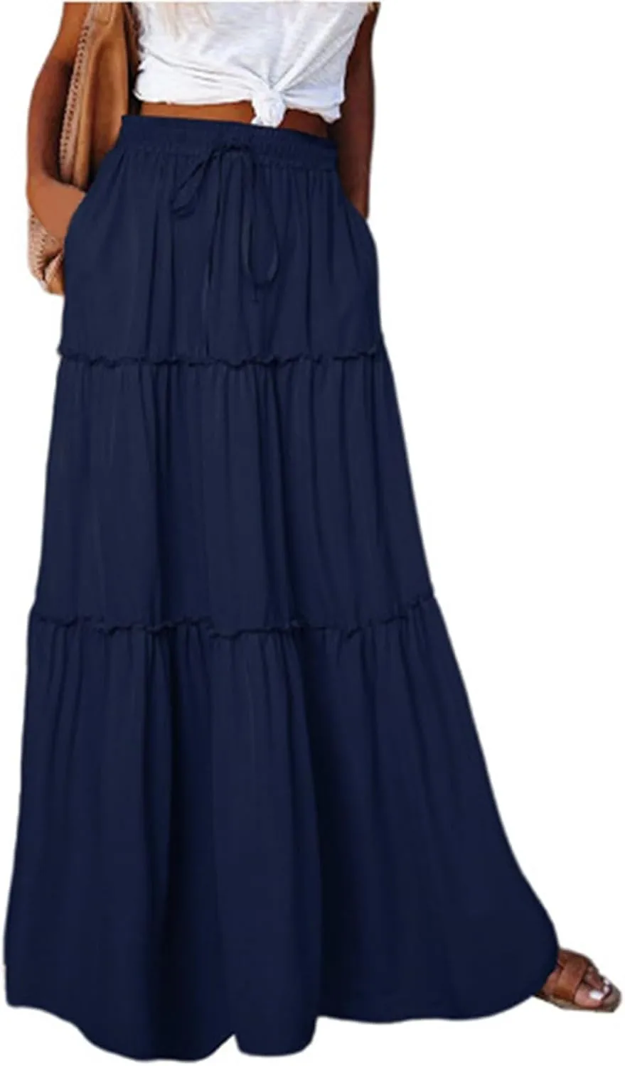 Long Skirts for Women Trendy Pleated Maxi Skirt Casual Drawstring High Waisted Flowy Tiered Long Skirt with Pockets