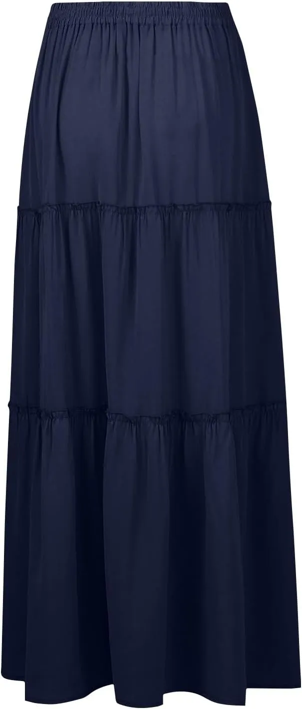 Long Skirts for Women Trendy Pleated Maxi Skirt Casual Drawstring High Waisted Flowy Tiered Long Skirt with Pockets