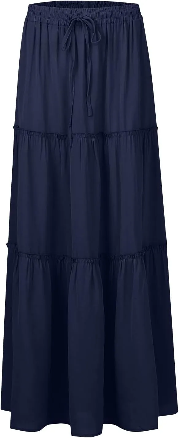 Long Skirts for Women Trendy Pleated Maxi Skirt Casual Drawstring High Waisted Flowy Tiered Long Skirt with Pockets
