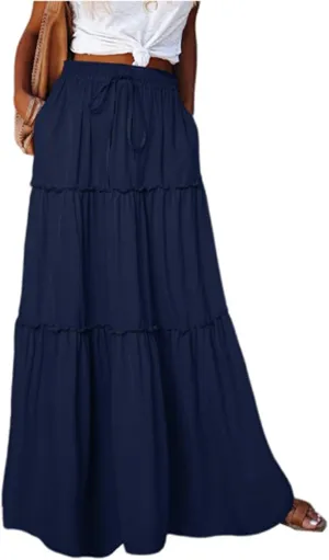 Long Skirts for Women Trendy Pleated Maxi Skirt Casual Drawstring High Waisted Flowy Tiered Long Skirt with Pockets