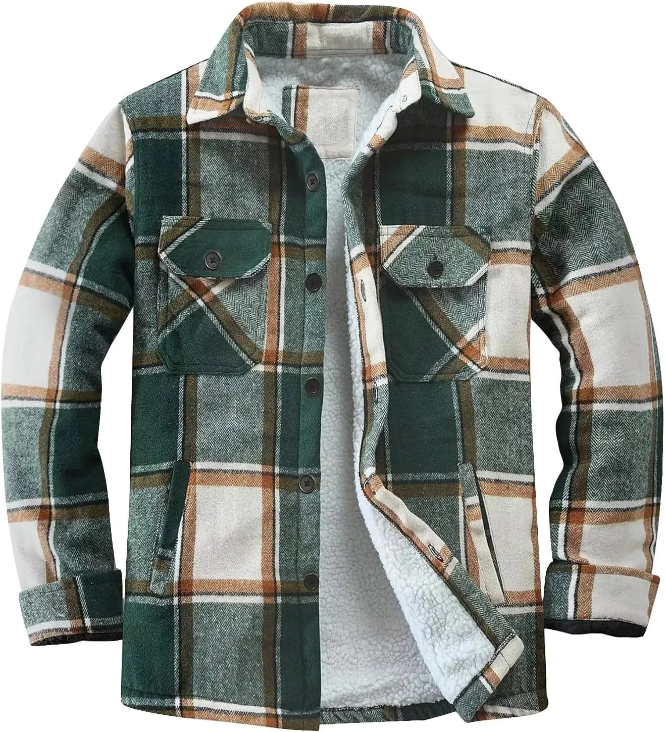 Men's Cotton Flannel Shirt Jacket Sherpa Fleece Lined Long Sleeve Plaid Shirt for Men Winter Thermal Berber Jackets