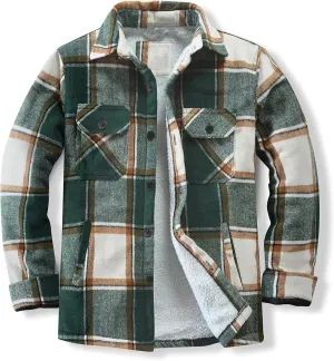 Men's Cotton Flannel Shirt Jacket Sherpa Fleece Lined Long Sleeve Plaid Shirt for Men Winter Thermal Berber Jackets