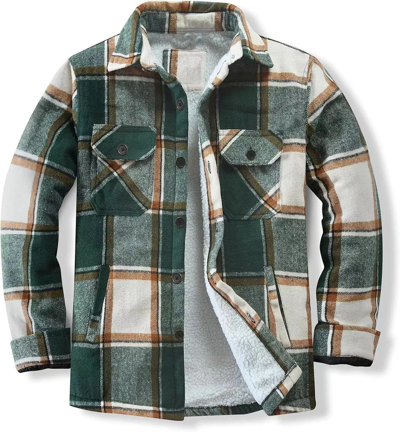 Men's Cotton Flannel Shirt Jacket Sherpa Fleece Lined Long Sleeve Plaid Shirt for Men Winter Thermal Berber Jackets