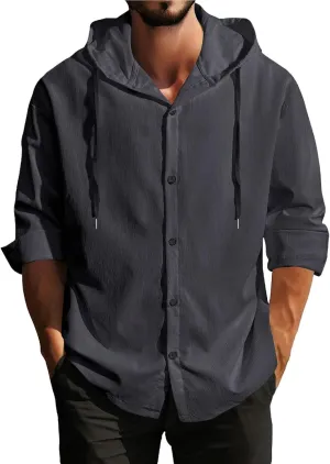 Men's Cotton Linen Shirts with Hood Long Sleeve Lace Up Button Down Shirt Quick Dry Boho Summer Beach Hipster Hoodies