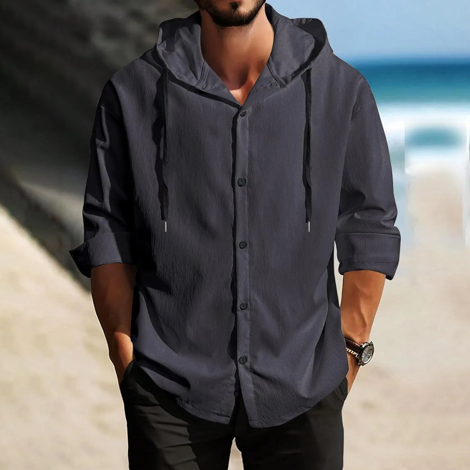 Men's Cotton Linen Shirts with Hood Long Sleeve Lace Up Button Down Shirt Quick Dry Boho Summer Beach Hipster Hoodies