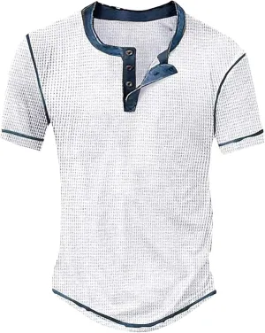 Mens Fashion Printing Henley Shirts Casual Button Crewneck Tops Regular Fit Short Sleeve Pullover Shirts for Men