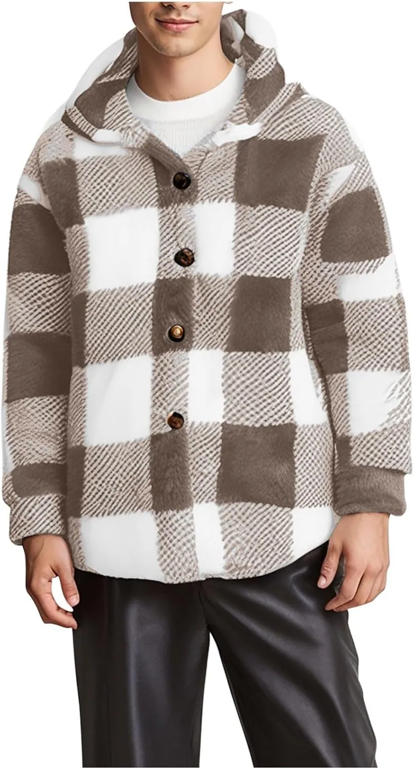 Mens Fleece Fuzzy Jackets Casual Lightweight Hooded Warm Long Sleeve Soft Comfy Fall Winter Coats