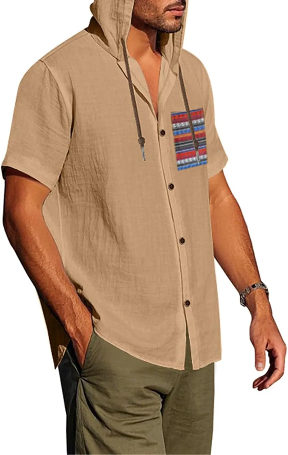 Men's Linen Shirts Breathable Quick Dry Short Sleeve Hoodies Trendy Summer Beach Cardigan Swim Cover Up Lightweight