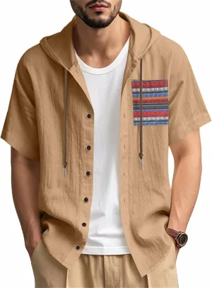 Men's Linen Shirts Breathable Quick Dry Short Sleeve Hoodies Trendy Summer Beach Cardigan Swim Cover Up Lightweight