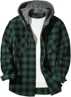 Men's Plaid Hooded Shirts Casual Long Sleeve Lightweight Shirt Button Down Flannel Plaid Jckets with Pocket