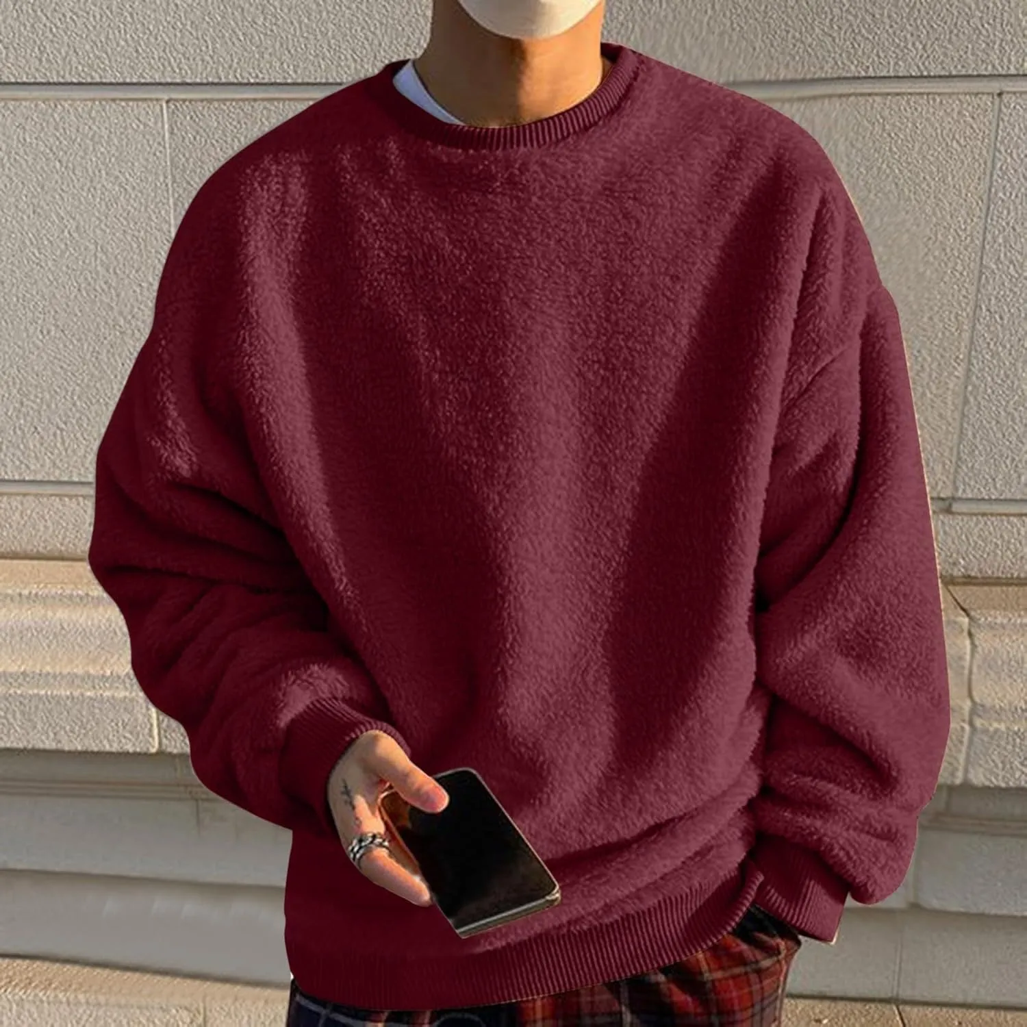 Men's Winter Warm Sweatshirt Oversize Double Sided Fleece Crewneck Pullover Tops Loose Long Sleeve Thermal Sweater