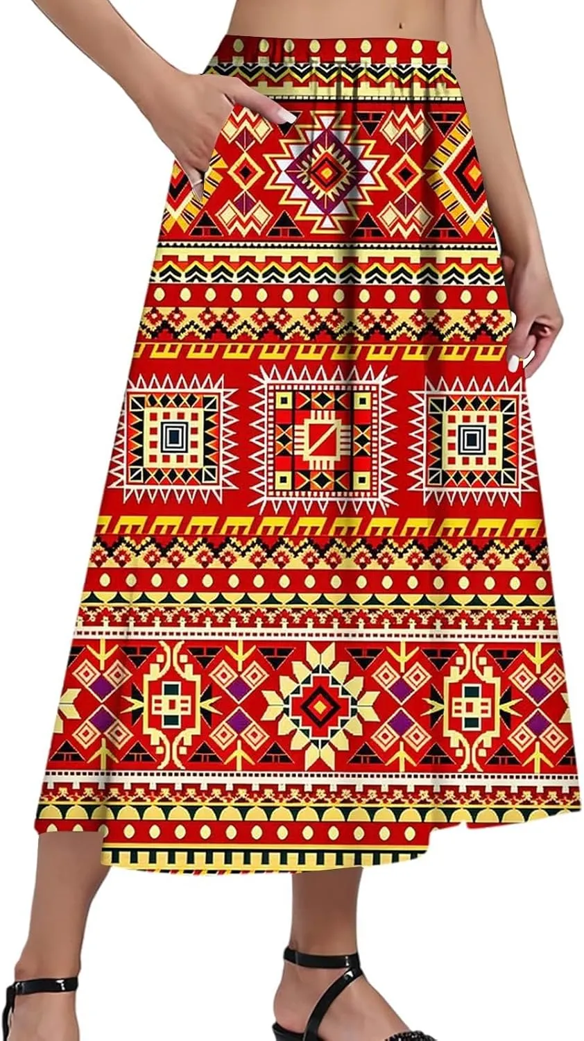 Midi Boho Floral Skirts for Women Trendy Comfy Flowy High Elastic Waist A Line Skirt Skorts with Pockets