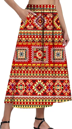 Midi Boho Floral Skirts for Women Trendy Comfy Flowy High Elastic Waist A Line Skirt Skorts with Pockets