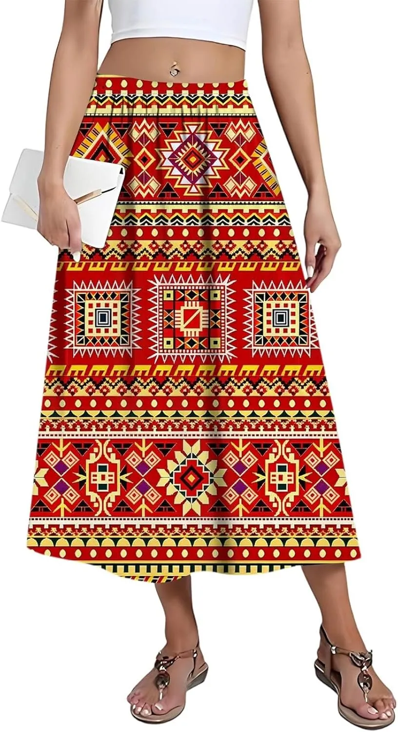 Midi Boho Floral Skirts for Women Trendy Comfy Flowy High Elastic Waist A Line Skirt Skorts with Pockets