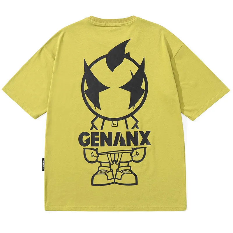 Minimalist Plain Cartoon Print Cotton T-Shirt