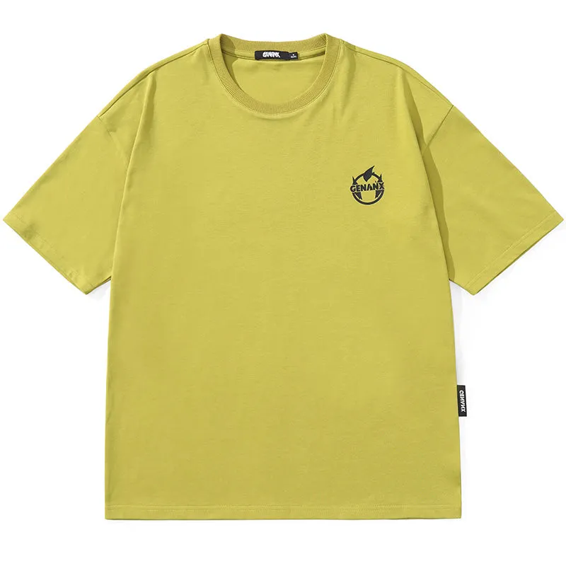 Minimalist Plain Cartoon Print Cotton T-Shirt