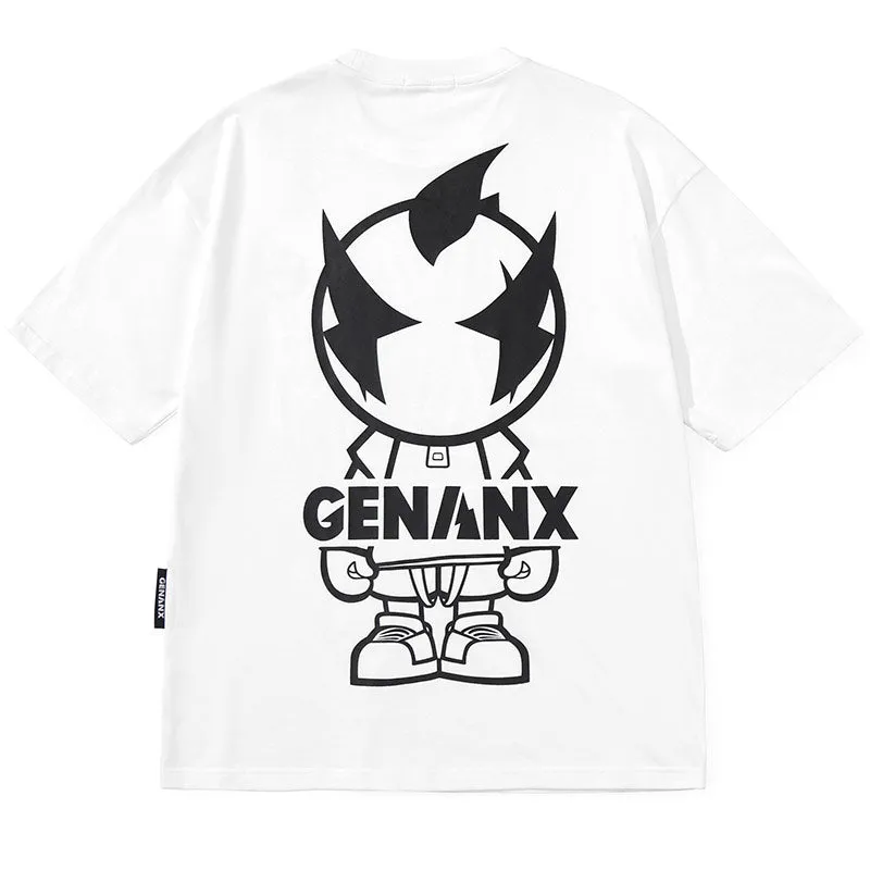 Minimalist Plain Cartoon Print Cotton T-Shirt