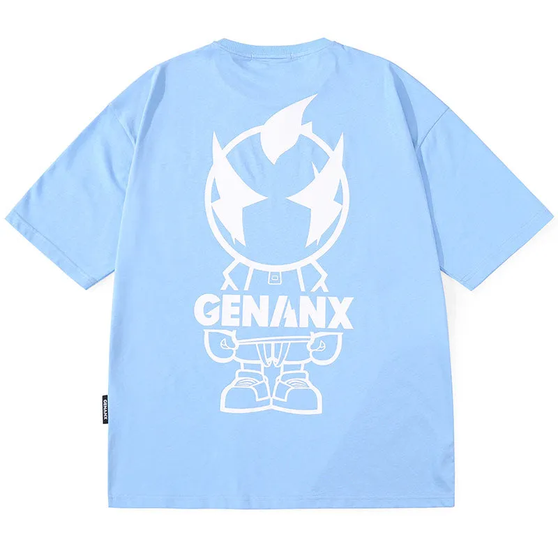 Minimalist Plain Cartoon Print Cotton T-Shirt