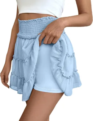 NBXNZWF Womens Ruffle Mini Skort Summer Casual High Waisted Tiered A Line Skirt Cute Flowy Beach Pleated Skirt with Shorts