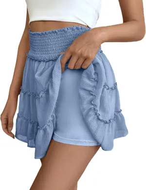 NBXNZWF Womens Ruffle Mini Skort Summer Casual High Waisted Tiered A Line Skirt Cute Flowy Beach Pleated Skirt with Shorts