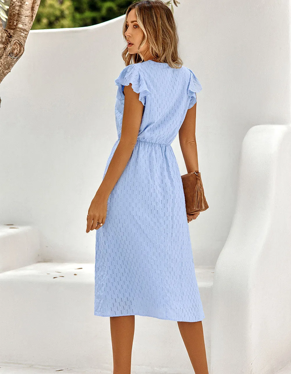 Plain Solid-color V Neck Short Sleeve Midi A-Line Dresses