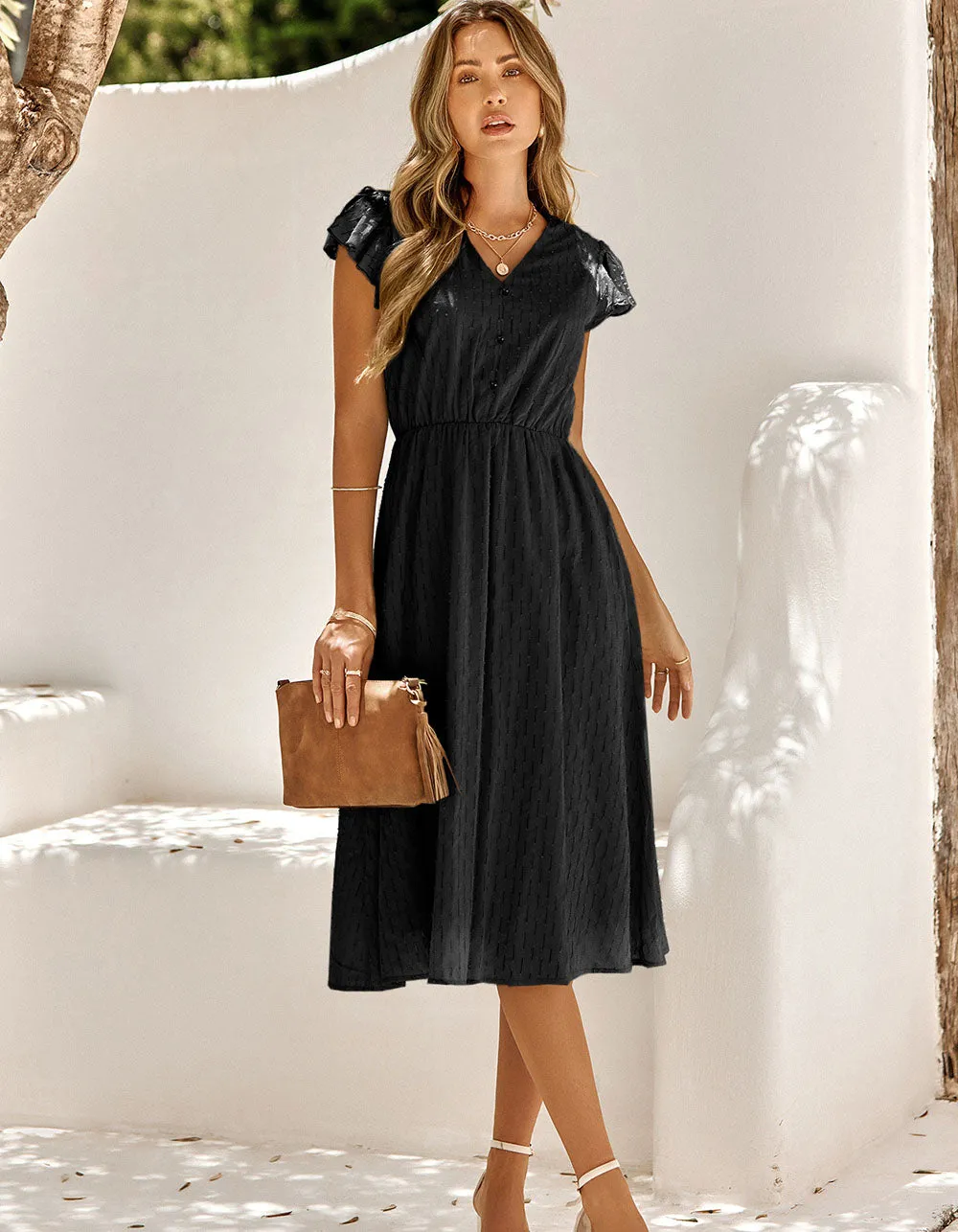 Plain Solid-color V Neck Short Sleeve Midi A-Line Dresses