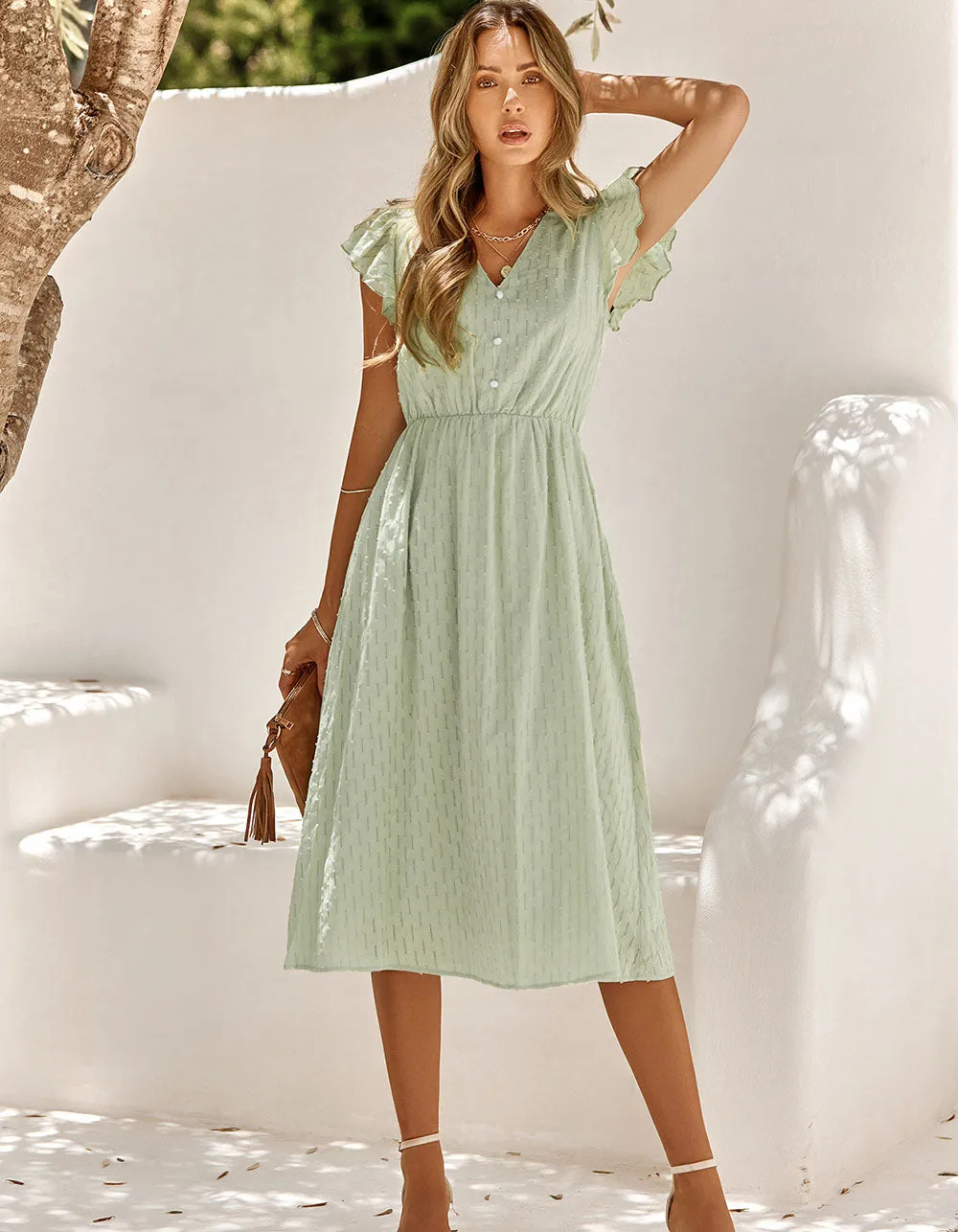 Plain Solid-color V Neck Short Sleeve Midi A-Line Dresses