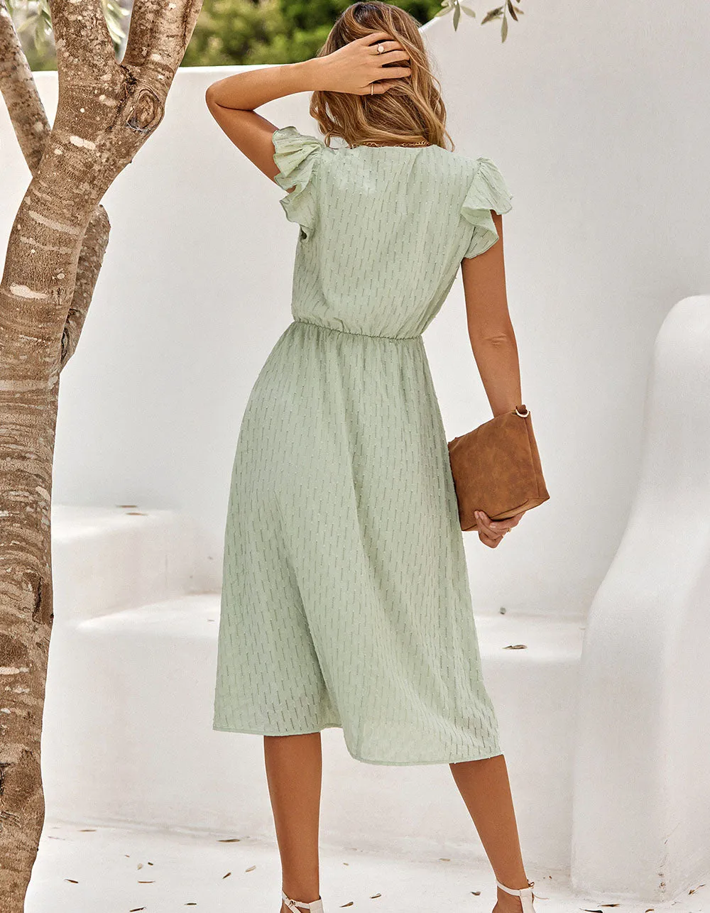 Plain Solid-color V Neck Short Sleeve Midi A-Line Dresses