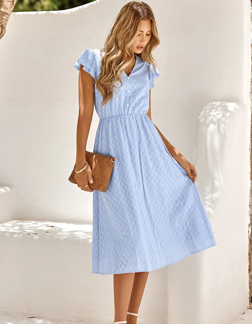 Plain Solid-color V Neck Short Sleeve Midi A-Line Dresses