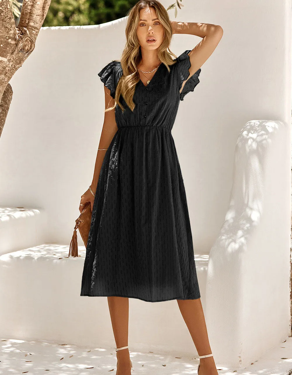 Plain Solid-color V Neck Short Sleeve Midi A-Line Dresses