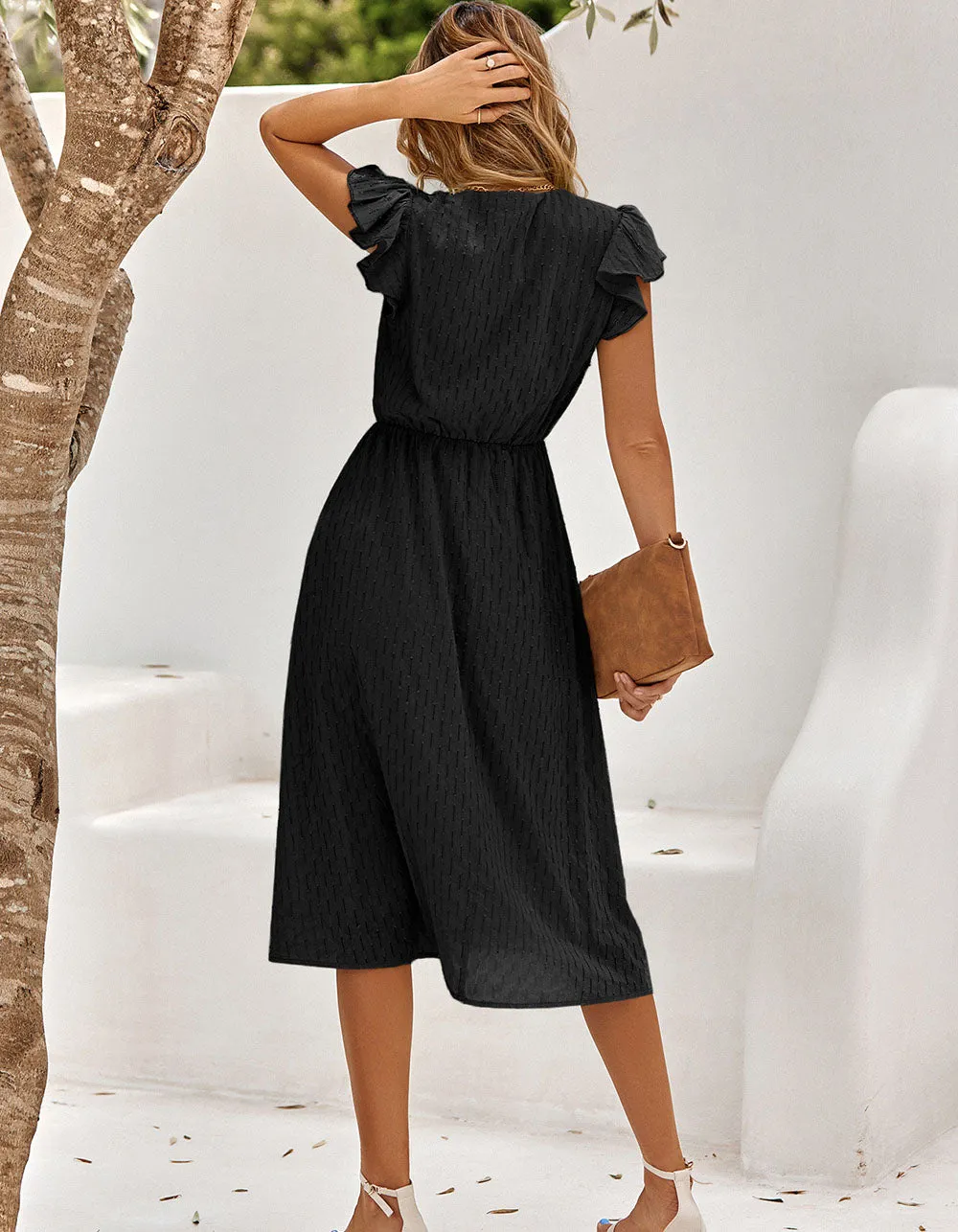 Plain Solid-color V Neck Short Sleeve Midi A-Line Dresses