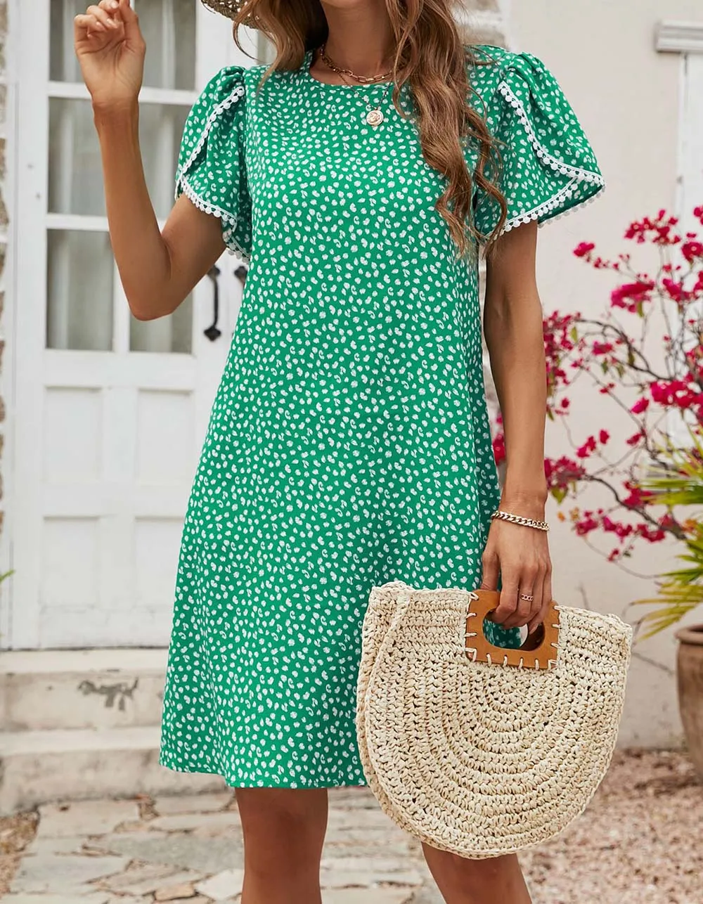 Polka Dot Floral Print Round Neck Short Sleeve Midi A-Line Dresses