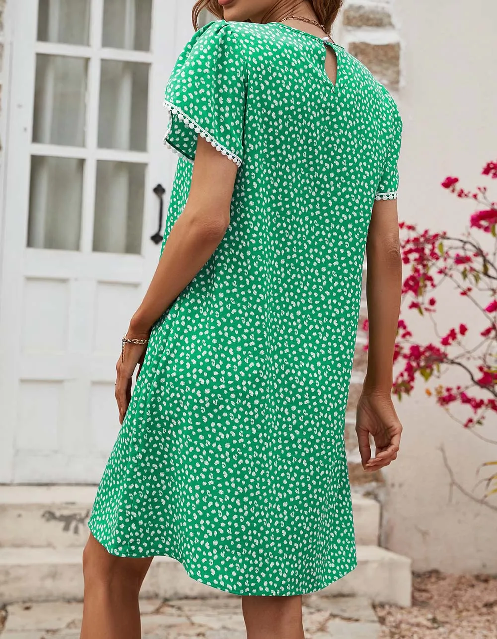 Polka Dot Floral Print Round Neck Short Sleeve Midi A-Line Dresses