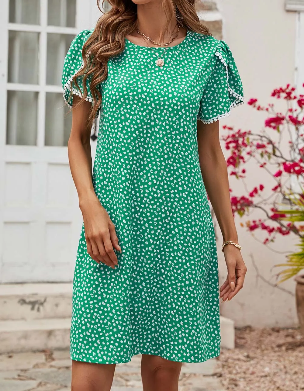 Polka Dot Floral Print Round Neck Short Sleeve Midi A-Line Dresses
