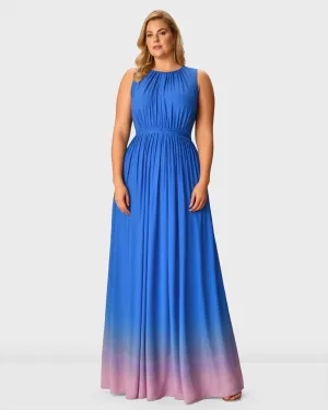Ruched Ombre Print Crepe Maxi Dress | Blue