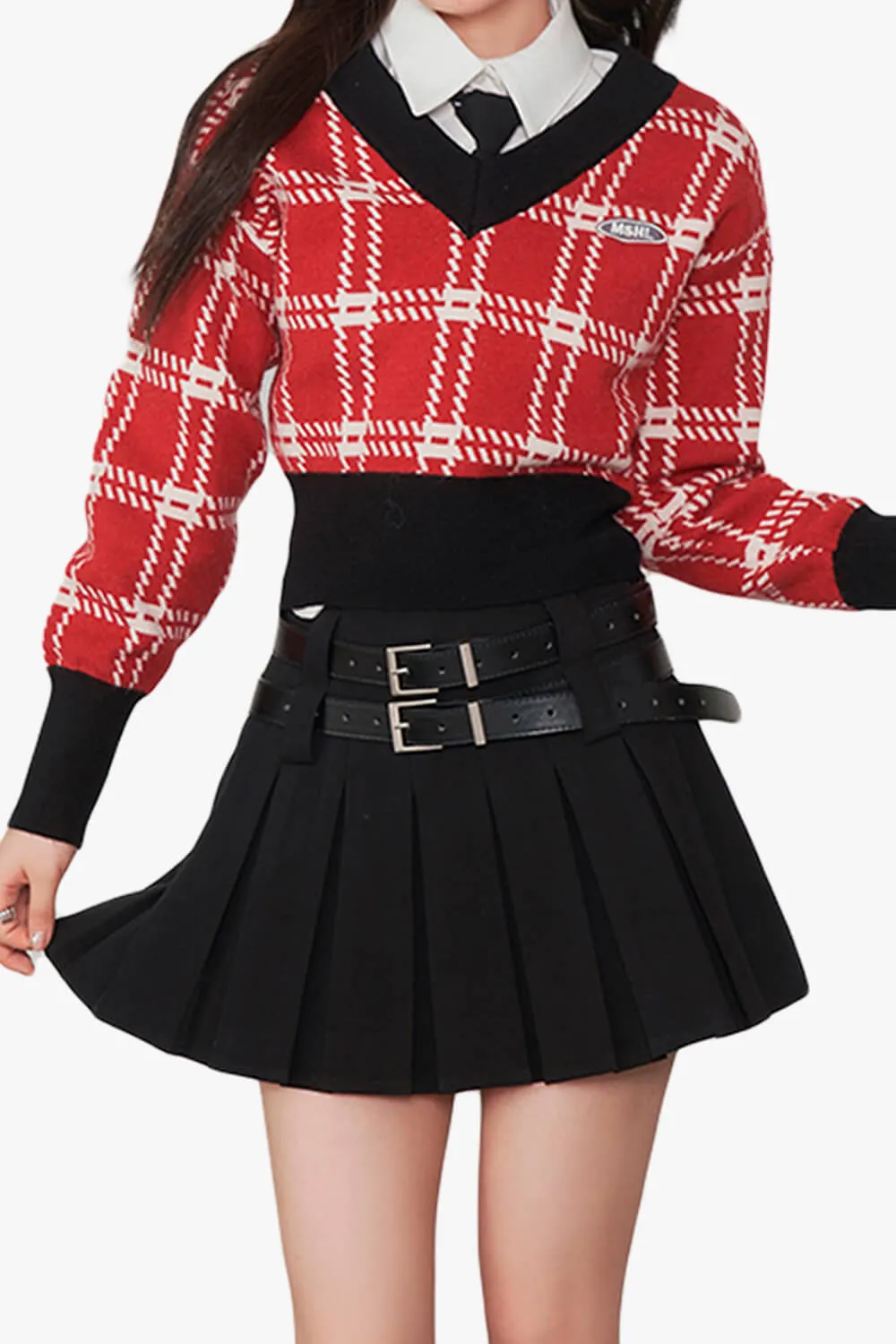 Schoolgirl Aesthetic Double Belt Pleated Skirt