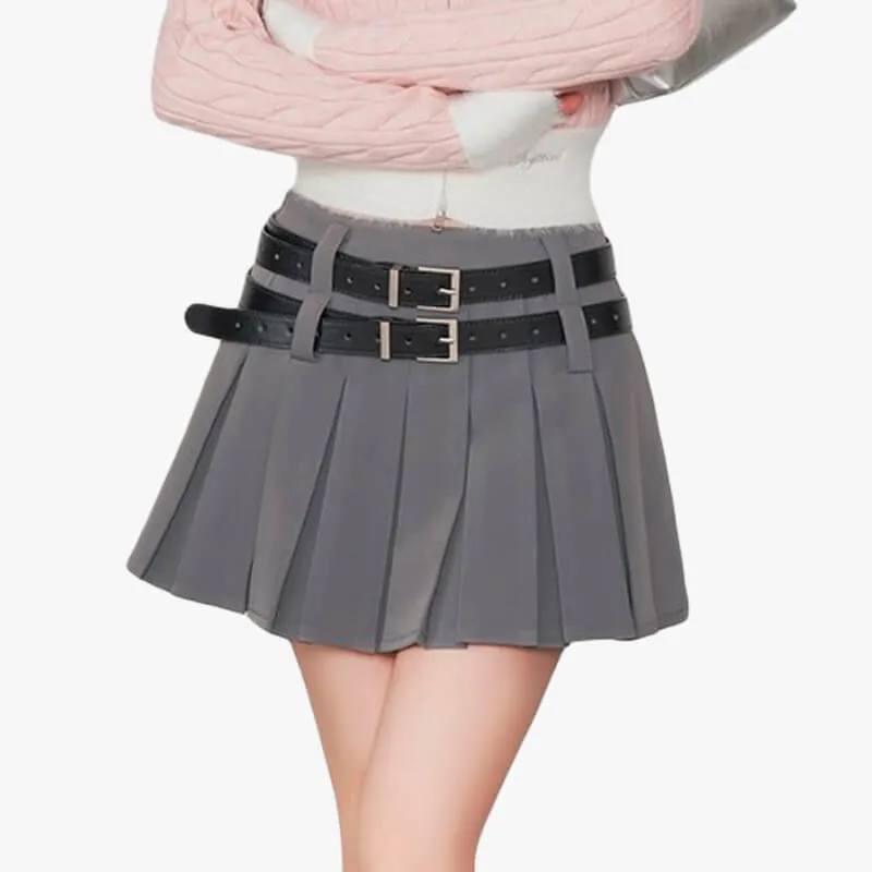 Schoolgirl Aesthetic Double Belt Pleated Skirt