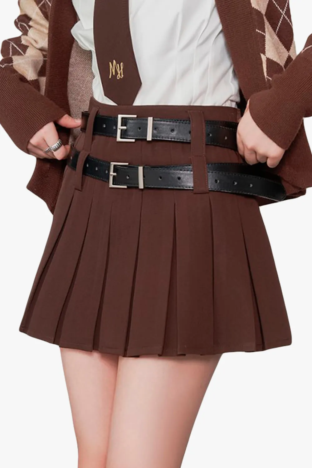 Schoolgirl Aesthetic Double Belt Pleated Skirt