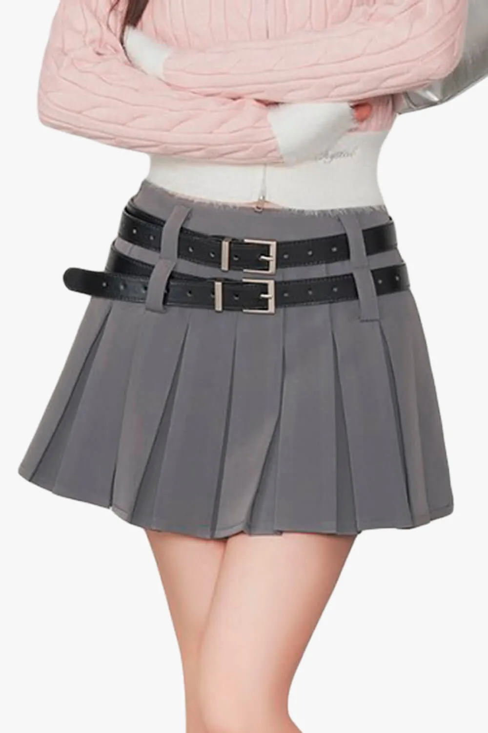 Schoolgirl Aesthetic Double Belt Pleated Skirt