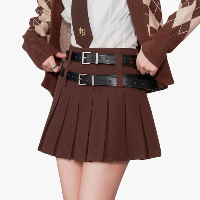 Schoolgirl Aesthetic Double Belt Pleated Skirt