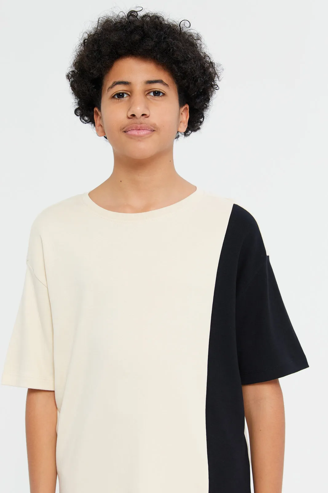 Senior Boys Beige And Black Cut And Sewn Oversize T-Shirt