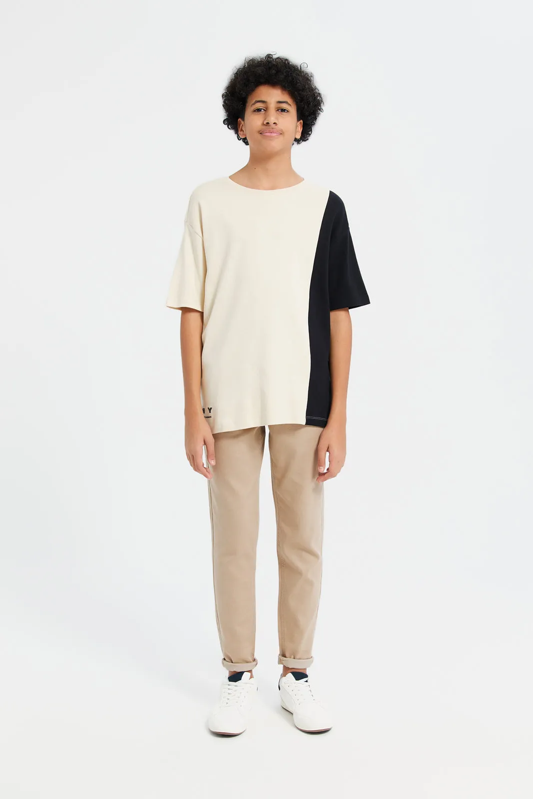 Senior Boys Beige And Black Cut And Sewn Oversize T-Shirt
