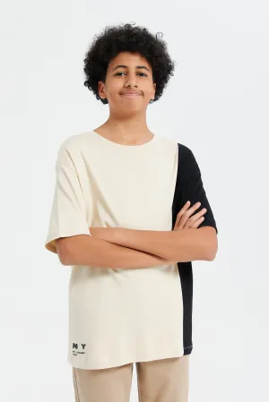 Senior Boys Beige And Black Cut And Sewn Oversize T-Shirt