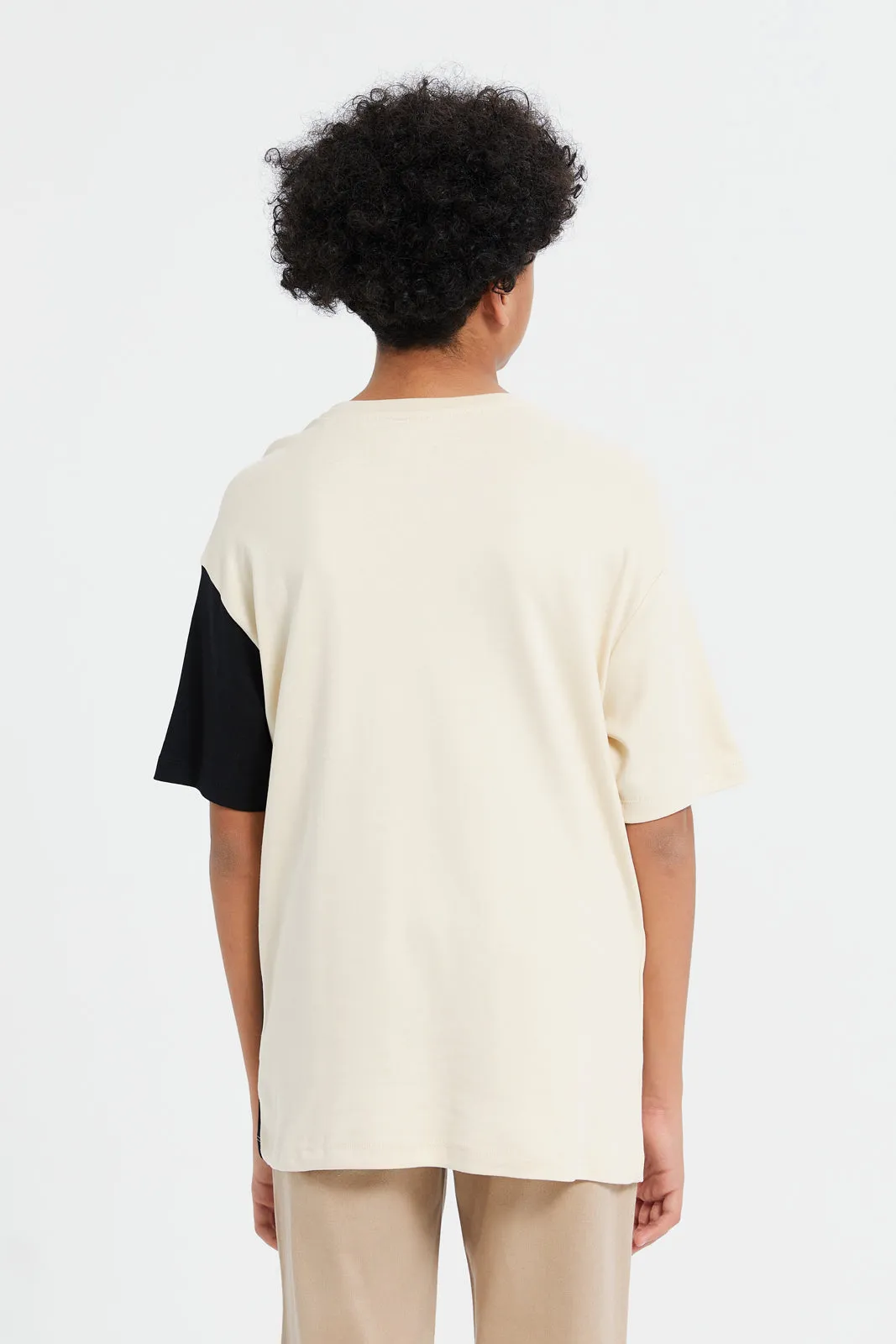 Senior Boys Beige And Black Cut And Sewn Oversize T-Shirt
