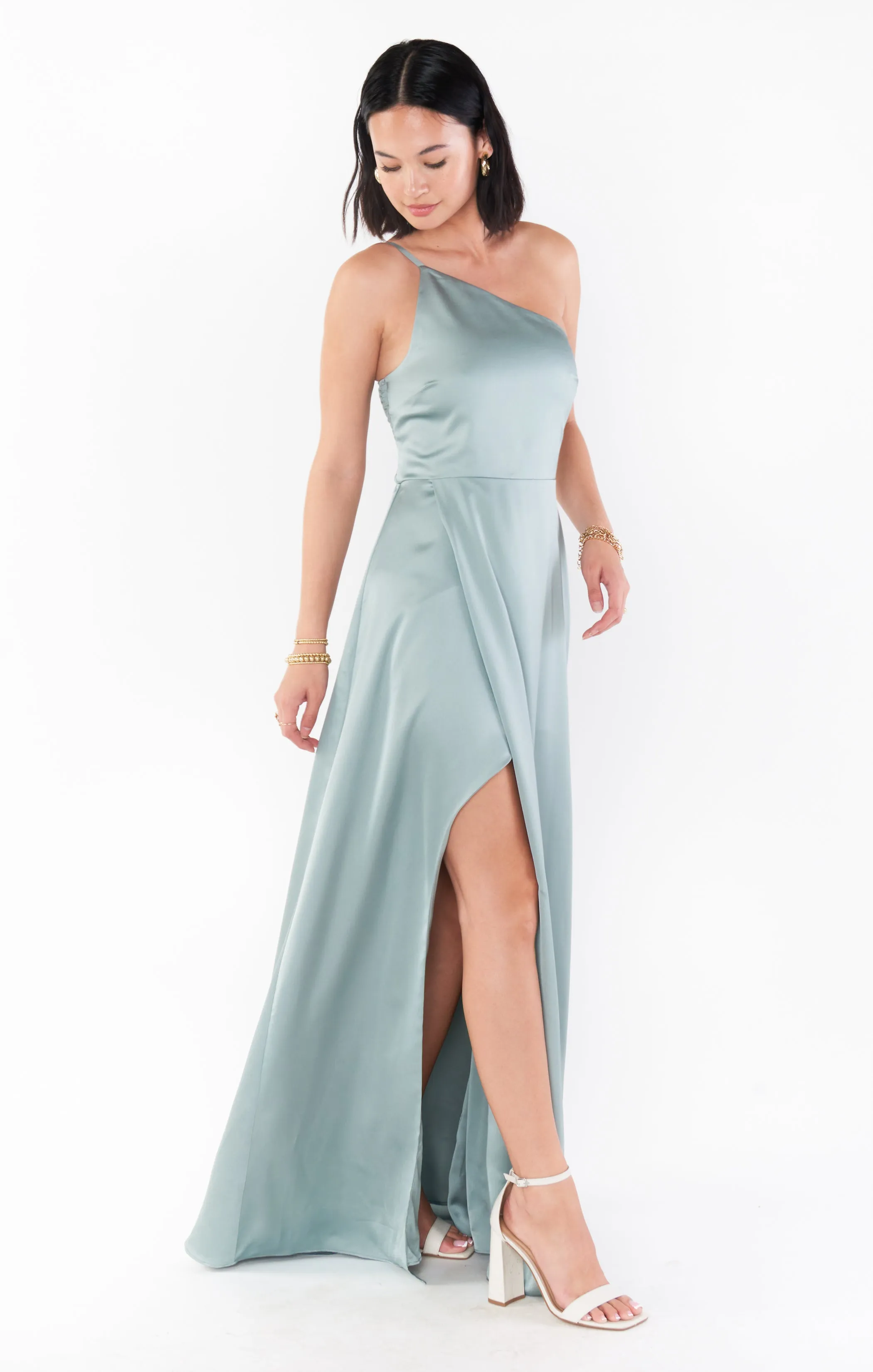 Shannon One Shoulder Dress ~ Silver Sage Luxe Satin